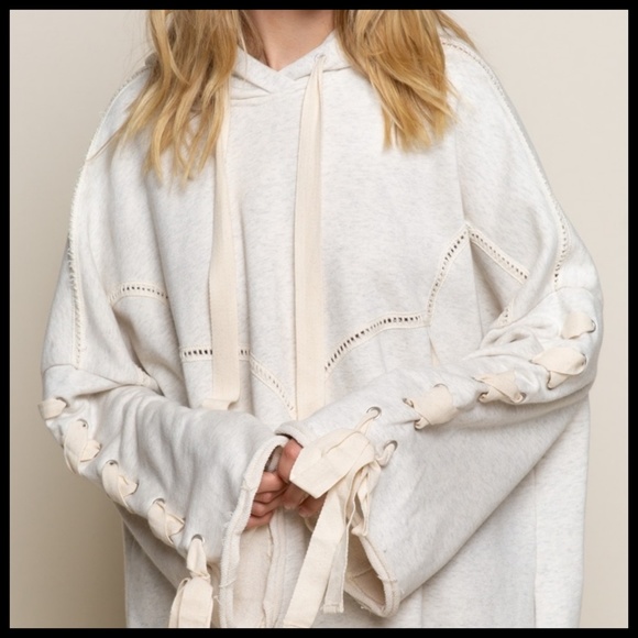 POL “Urban Chic” French Terry Hoodie Top Criss Cross Laces Down Sleeves Raw Hem - Picture 5 of 16